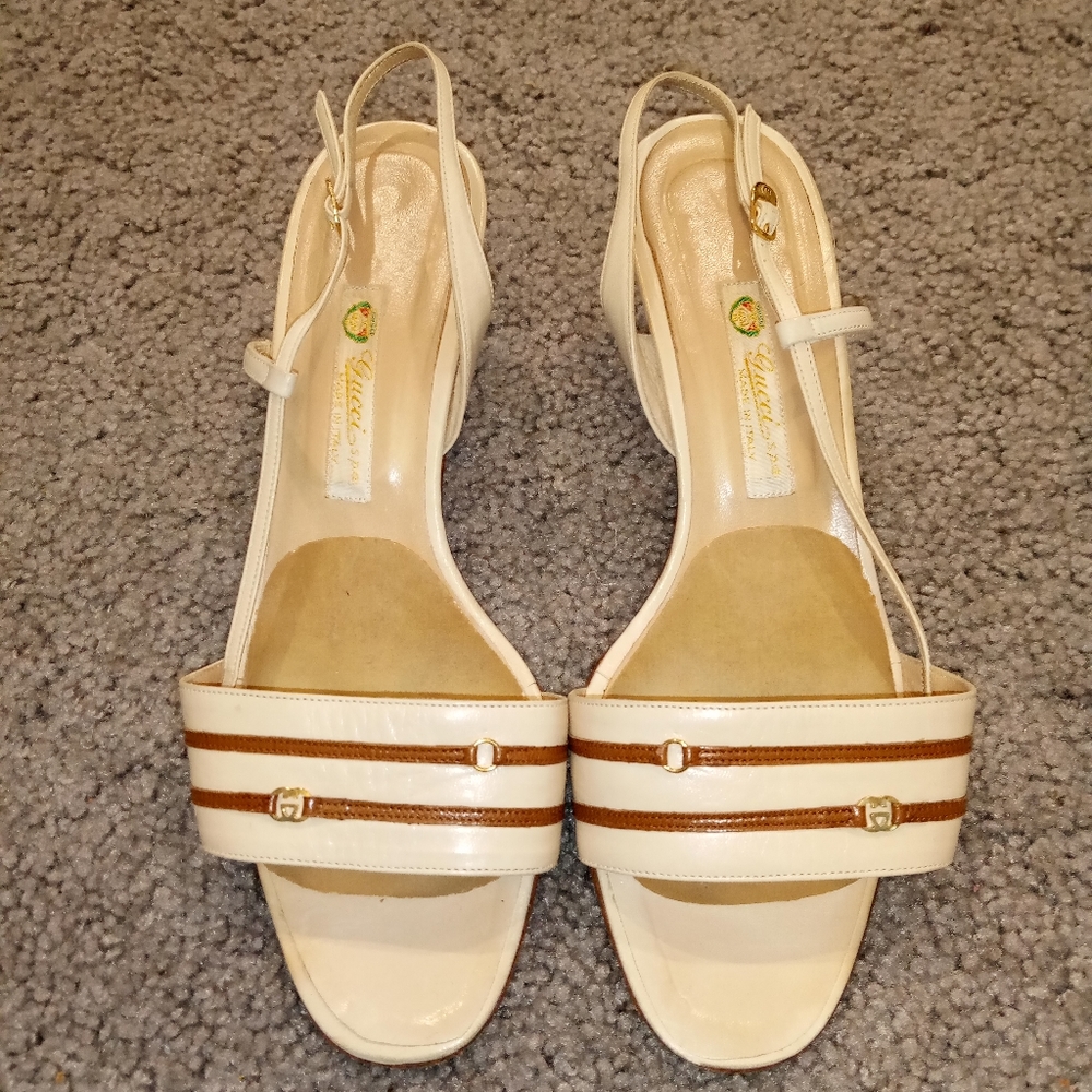 Gucci Italy Vintage Gold Logo Leather Slingback Sandals Heels Shoes sz 36.5 - Picture 5 of 7
